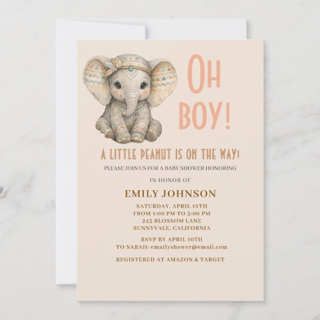 Little Peanut Boho Safari Elephant Boy Baby Shower Einladung (Vorderseite)