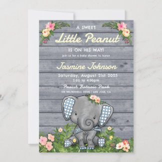 Little Peanut Boy Elephant Floral Rustikales Holz Einladung