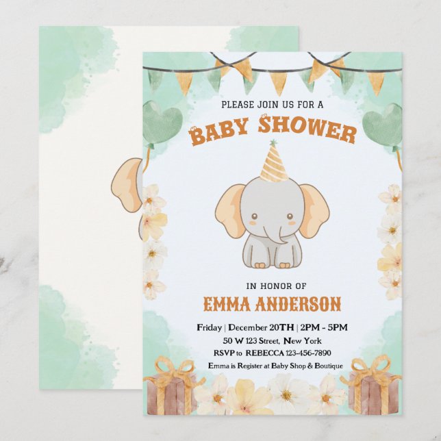 Little Peanut Dreams - Elephant Baby Shower Einladung (Vorne/Hinten)
