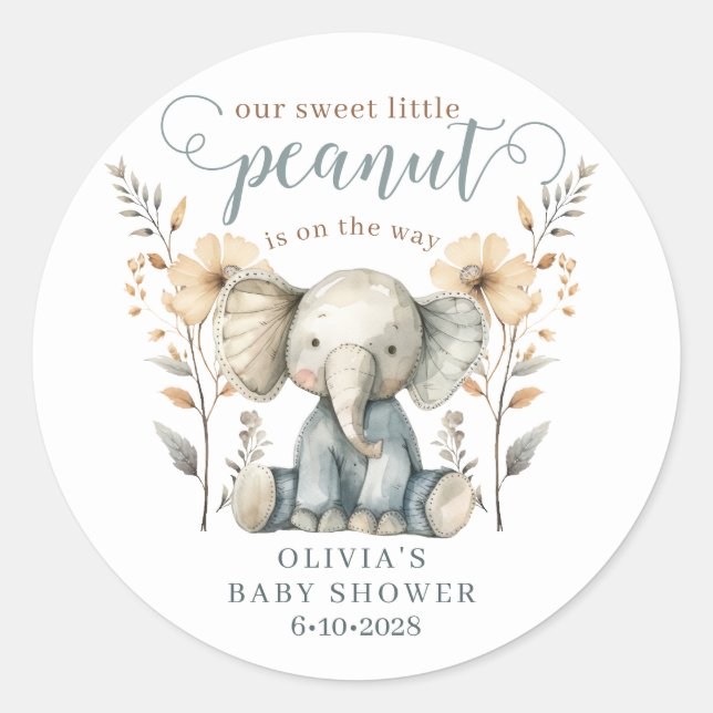Little Peanut Elephant Blue Baby Dusche Runder Aufkleber (Vorderseite)