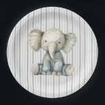 Little Peanut Elephant Blue Striping Baby Dusche Pappteller<br><div class="desc">Feiern Sie die Freude eines kleinen, unterwegs mit dieser charmanten Aquarell Babydusche Papiertüte. Mit einem weichen und süßen, wasserfarbenen Elefanten in gedämpften Tönen von staubblauer, grauer und staubiger Rose ist dieses wunderschön gewölbte Design mit einer sanften Aquarellwäsche für eine traumhafte Touch geschmückt. Dieses Design mit einem koordinierenden gestreiften Rücken in...</div>