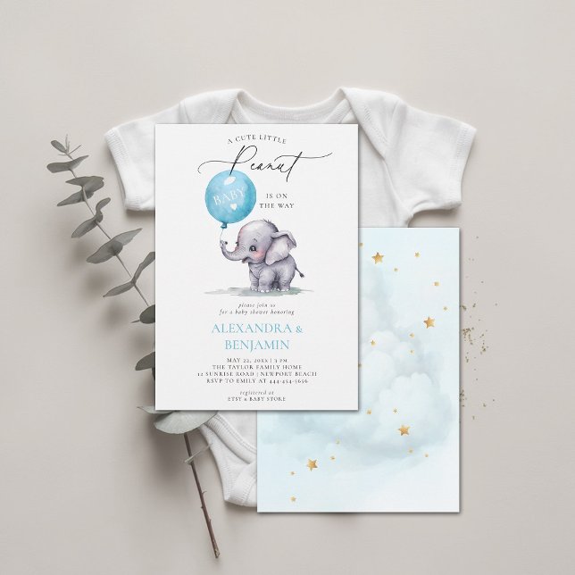 Little Peanut Elephant Watercolor Baby Boy Dusche Einladung (little peanut baby shower invitation elephant balloon watercolor coed couple modern elegant chic)