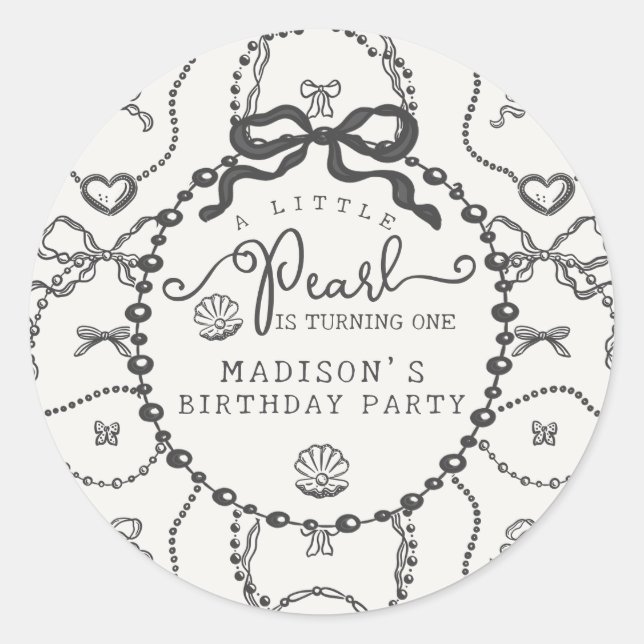 Little Pearl Black Coquette Bow Birthday Favor Runder Aufkleber (Vorderseite)