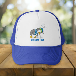 Little penguin getting a snow ball trucker hat truckerkappe