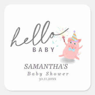 little pig Calligraphy Baby Shower Hello baby Quadratischer Aufkleber