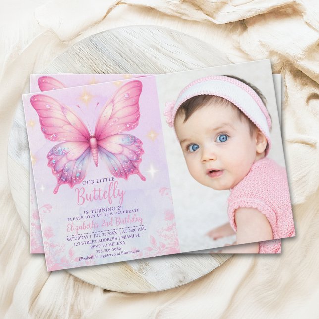 Little Pink Butterfly - Girls' Birthday with Photo Einladung (Von Creator hochgeladen)