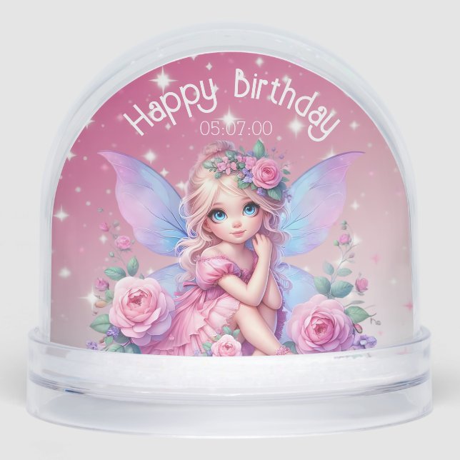 Little PInk Fairy with Roses & Stars Birthday Schneekugeln (Vorderseite)