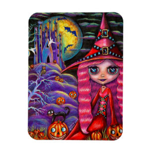 Little Pink Hexe Big Eyes Halloween Black Cat Magnet