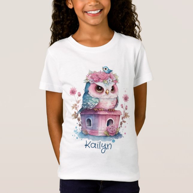 Little Pink Owl Wasserfarbe T-Shirt (Vorderseite)