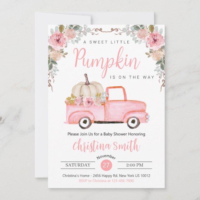Little Pink Pumpkin Rustic Truck Baby Girl Dusche Einladung (Vorderseite)
