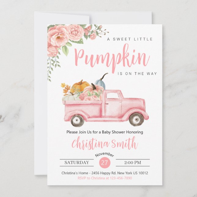 Little Pink Pumpkin Rustic Truck Baby Girl Dusche Einladung (Vorderseite)