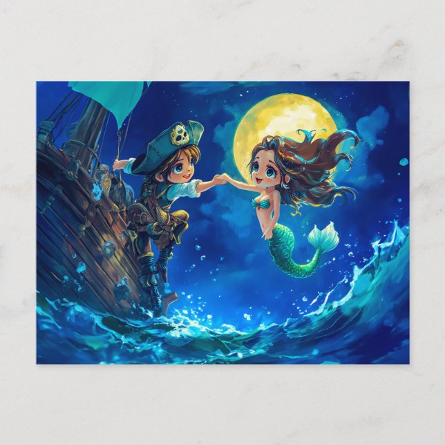 Little Pirate Befriends a Mermaid auf Hoher See Postkarte (Vorderseite)