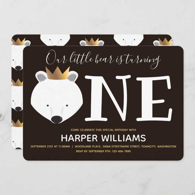 Little Polar Bear Kronen ein Tier ersten Geburtsta Einladung (Vorne/Hinten)