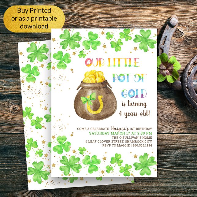 Little Pot of Gold Lucky Kleeblatt Kindergeburtsta Einladung (Kids Whimsical St Patricks Themed Birthday Invitation)