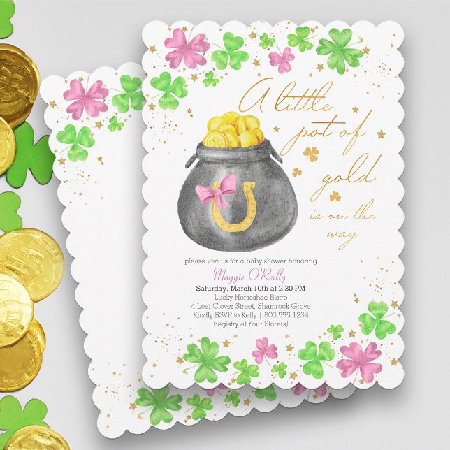 Little Pot of Gold Pink Green Kleeblatt Baby Dusch Einladung (Girl Baby Shower with Pink Shamrocks and St Patricks theme - available printed or printable download)