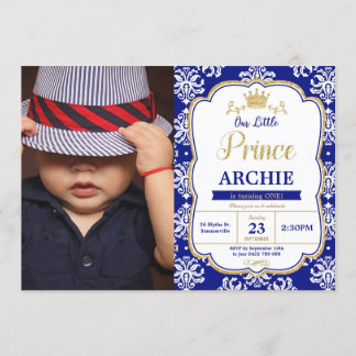 Little Prince 1. Geburtstag Royal Blue Damask Foto Einladung