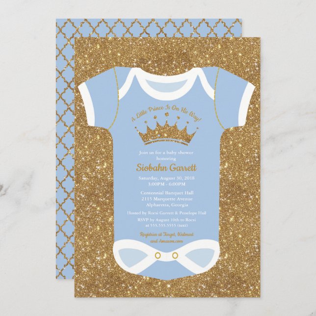 Little Prince Baby Blue & Royal Gold Baby Dusche Einladung (Vorne/Hinten)