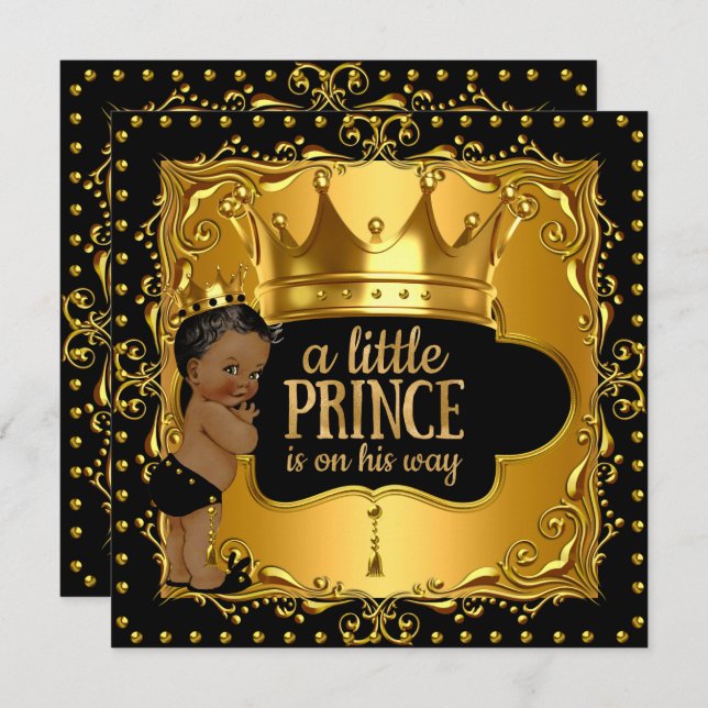 Little Prince Baby Duwer Gold Foil Crown Ethnic Einladung (Vorne/Hinten)