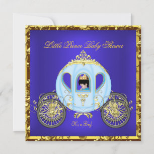 Little Prince Baby Shower Blue Gold Boy Carriage 2 Einladung