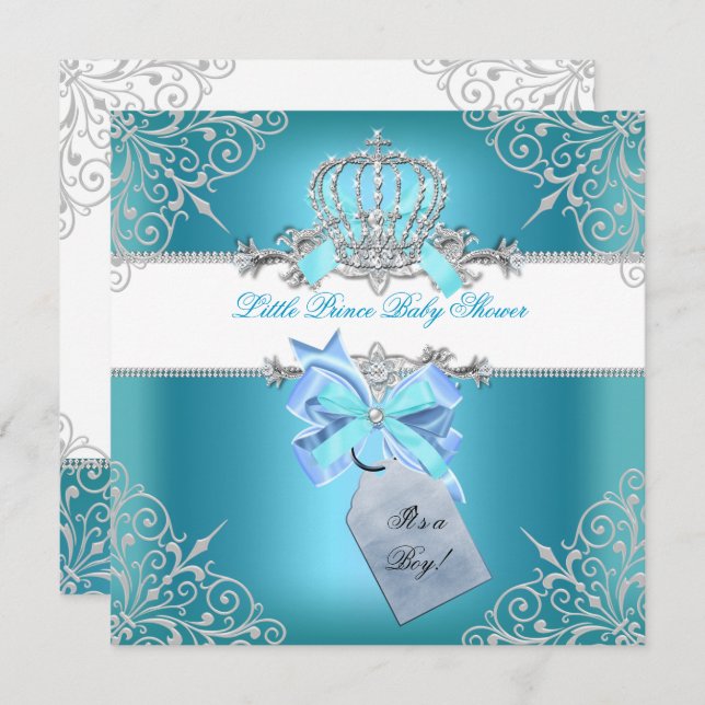 Little Prince Baby Shower Boy Aquamarin Blue Crown Einladung (Vorne/Hinten)