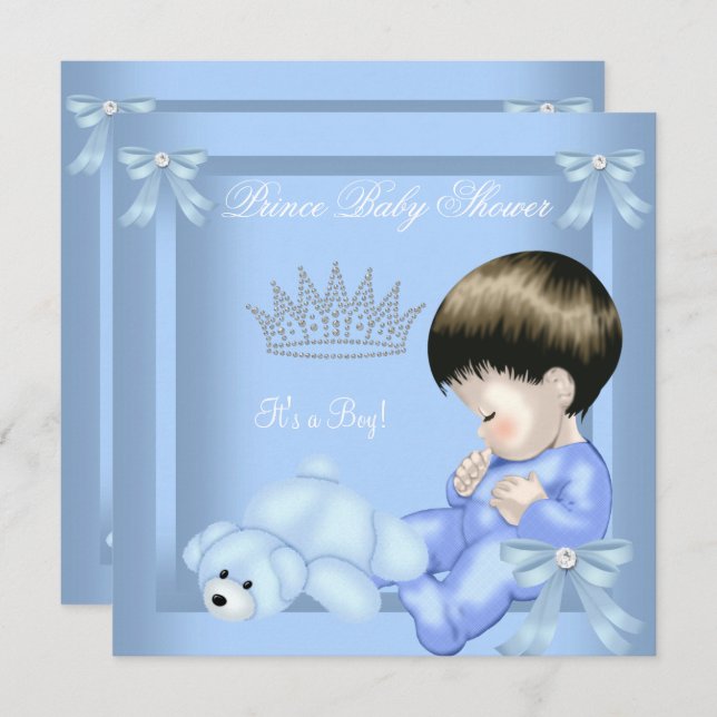 Little Prince Baby Shower Boy Blue Toy Bear Einladung (Vorne/Hinten)