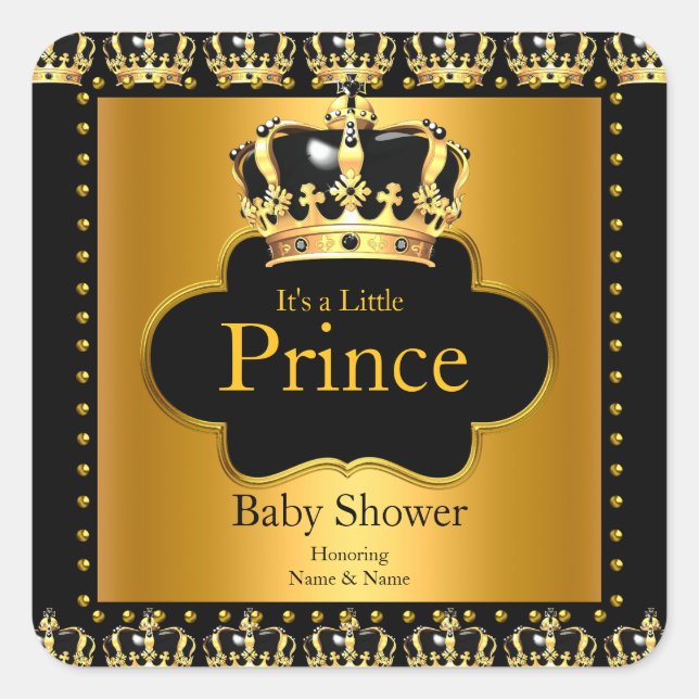Little Prince Baby Shower Boy Crown Black Gold Quadratischer Aufkleber (Vorderseite)
