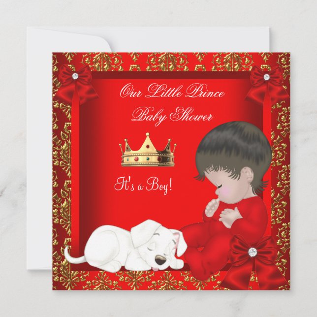 Little Prince Baby Shower Boy Red Gold Damask Einladung (Vorderseite)