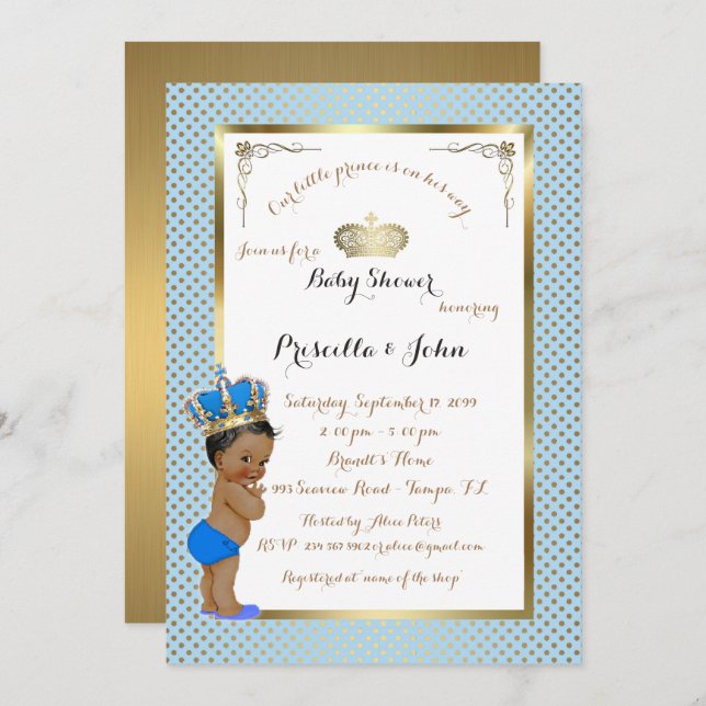 Little Prince Baby Shower Invitation, Gold, Blau Einladung (Vorne/Hinten)