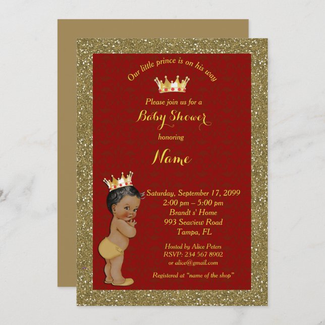 Little Prince Baby Shower Invitation, Gold, Rot Einladung (Vorne/Hinten)