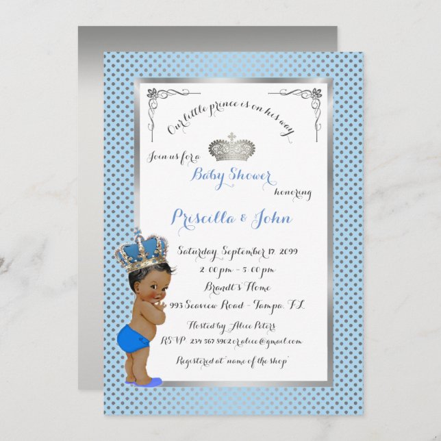 Little Prince Baby Shower Invitation, silber, blau Einladung (Vorne/Hinten)
