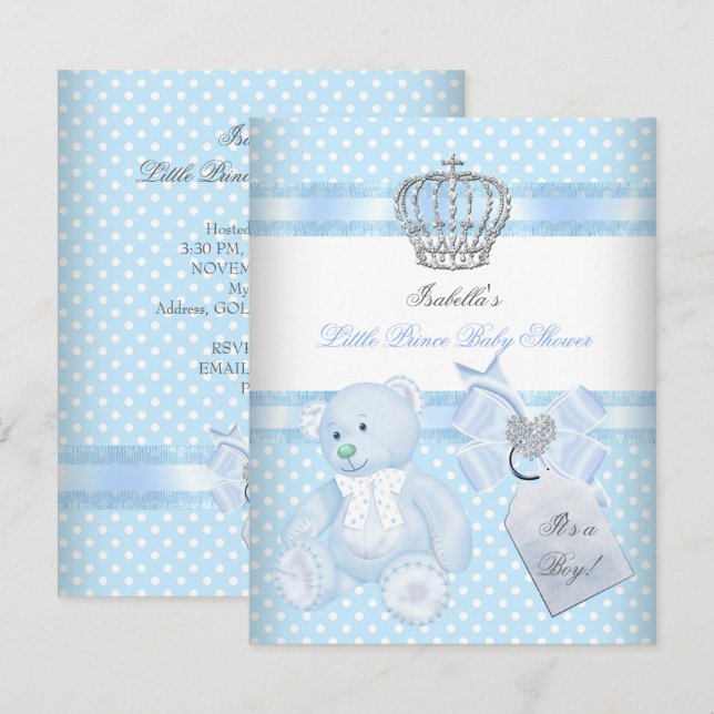 Little Prince Baby Shower Niedlich Boy Spot Bear Einladung (Vorne/Hinten)
