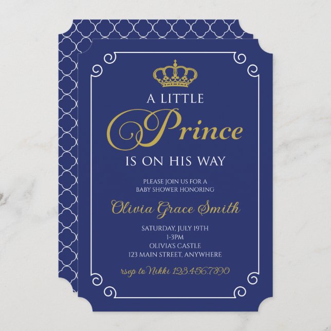 Little Prince Baby Shower Royal Blue Gold Invitati Einladung (Vorne/Hinten)