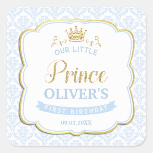 Little Prince Blue Damask Gold Crown 1. Geburtstag Quadratischer Aufkleber