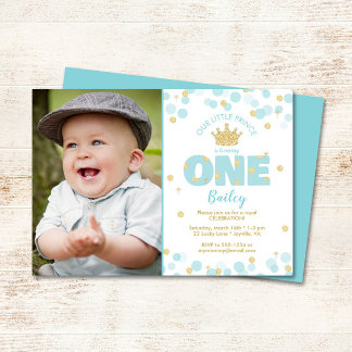 Little Prince First Birthday Blue Gold Foto Einladung