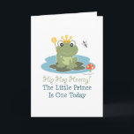Little Prince Frog 1st Birthday Greeting Card Karte<br><div class="desc">Hip Hop Hooray! The Little Prince Turns One Today! A cute green frog wears a crown and waves a scepter from his lily pad with a dragonfly circling above him and a toadstool sitting next to him. These items make cute first birthday boy t-shirts, apparel and frog theme gifts for...</div>