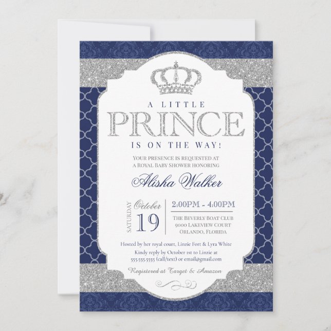Little Prince Royal Blue und Silver Baby Dusche Einladung (Vorderseite)