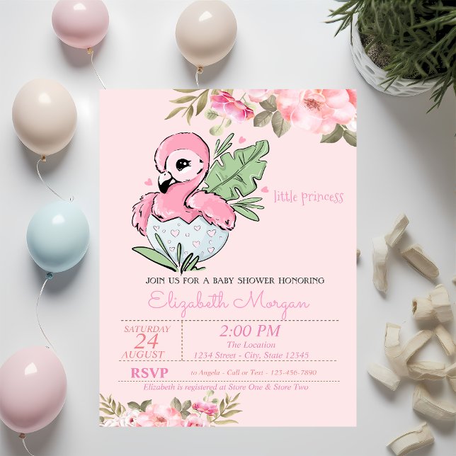 Little Princess, Baby Flamingo Floral Baby Dusche Einladung (Von Creator hochgeladen)