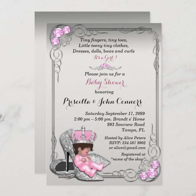 Little Princess Baby Shower Invitation, Silber Einladung (Vorne/Hinten)