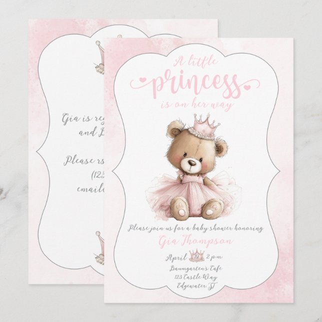 Little Princess Baby Shower Invitation with Teddy  Einladung (Vorne/Hinten)