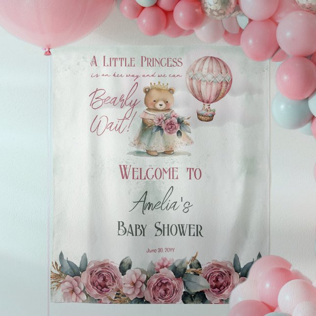 Little Princess Bear Bearly Wait Girl Baby Shower Wandteppich ("A Little Princess Is On Her Way and We Can Bearly Wait!" cute teddy bear princess shower design.)