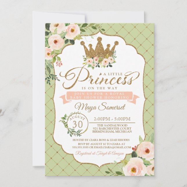 Little Princess Blush Mint Gold Royal Baby Dusche Einladung (Vorderseite)