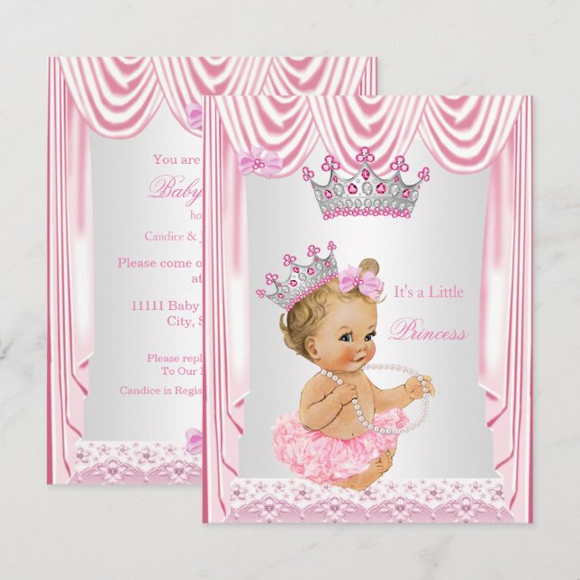 Little Princess Girl Babydusche Pink Blonde Einladung (Vorne/Hinten)