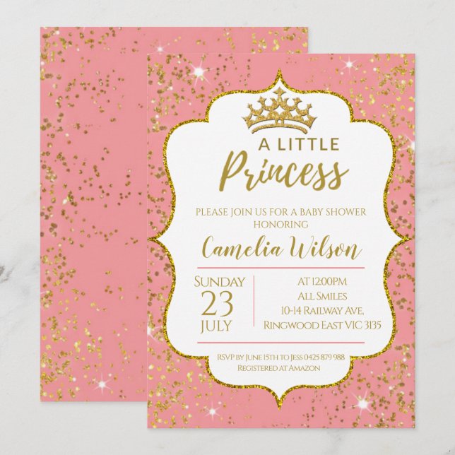 Little Princess Gold Crown Pink Baby Dusche Invita Einladung (Vorne/Hinten)