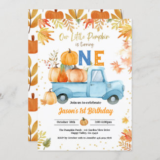 Little Pumpkin 1. Geburtstag Party Boy Blue Truck Einladung