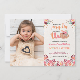 Little Pumpkin 2. Geburtstag Boho Floral Foto Einladung