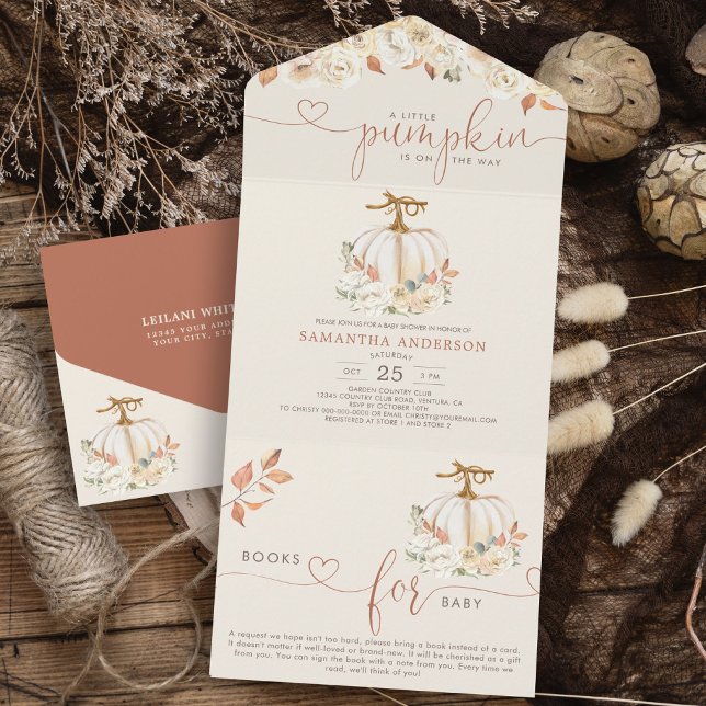 Little Pumpkin Autumn Books for Baby All In One Einladung (All in one invite featuring a charming design that includes pumpkins and a books for baby included.)