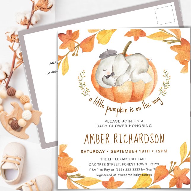 Little Pumpkin Autumn Elephant Boy Baby Shower Einladungspostkarte (Von Creator hochgeladen)