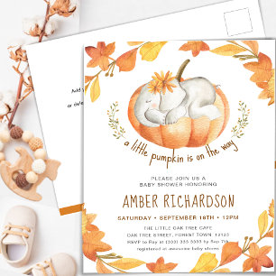 Little Pumpkin Autumn Elephant Girl Baby Shower Einladungspostkarte