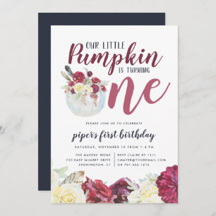 Little Pumpkin Autumn Floral Erster Geburtstag Par Einladung