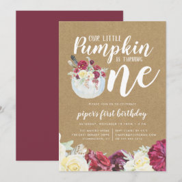 Little Pumpkin Autumn Floral Erster Geburtstag Par Einladung